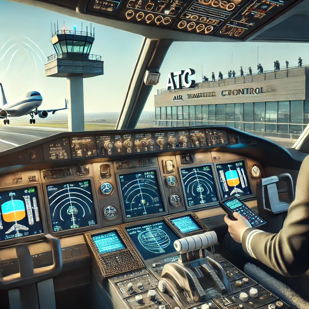 an airplane cockpit with a pilot communicating with air traffic control (ATC)